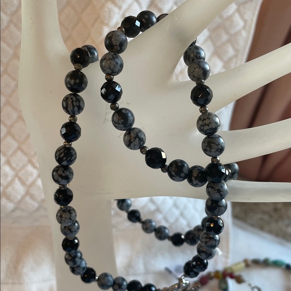 Jewelry - Elegant Black and Grey Snowflake Obsidian Gemstone Beaded Necklace